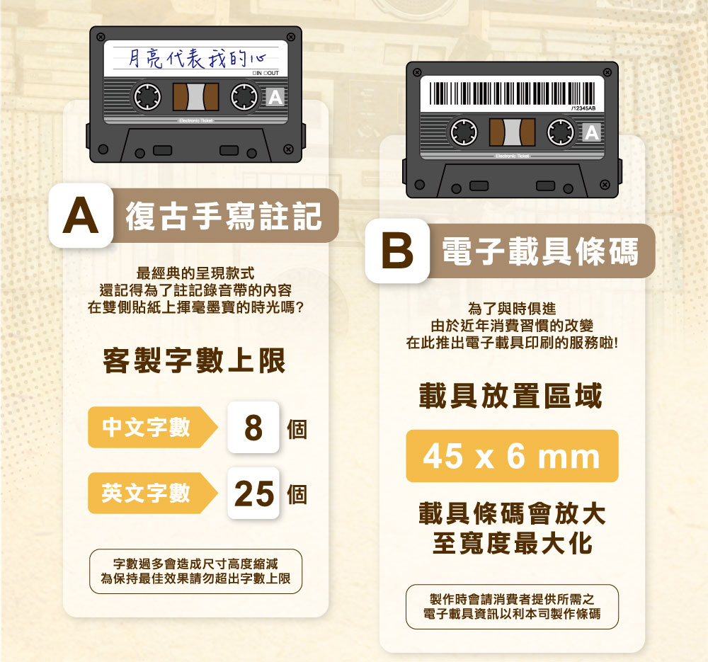 錄音帶造型電子票證（客製化中、英文字、手機條碼）